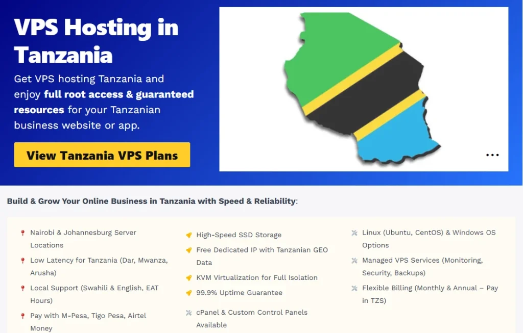 VPS Hosting in Tanzania
Get VPS hosting Tanzania and enjoy full root access & guaranteed resources for your Tanzanian business website or app.
