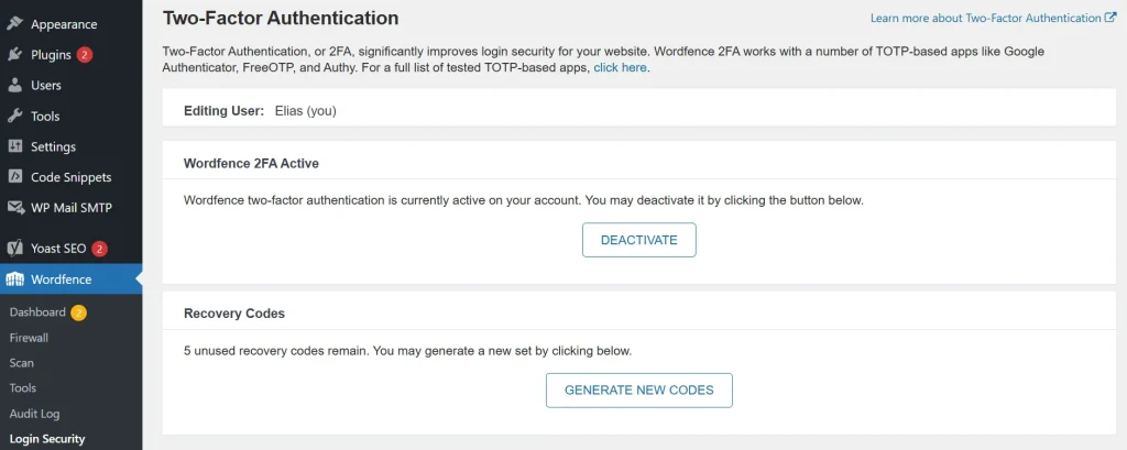 Two-Factor Authentication, or 2FA, significantly improves login security for your website. Wordfence 2FA works with a number of TOTP-based apps like Google Authenticator, FreeOTP, and Authy.