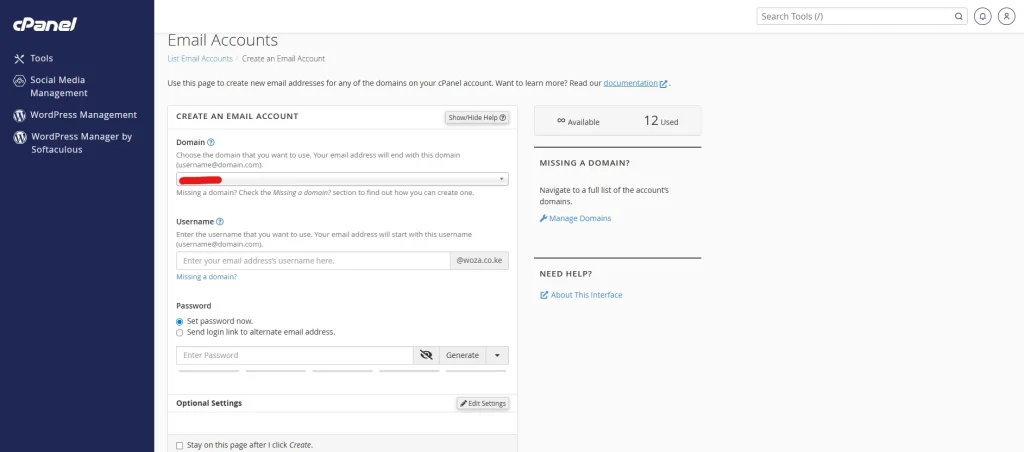 Email Accounts
List Email Accounts Create an Email Account
Use this page to create new email addresses for any of the domains on your cPanel account. Want to learn more? Read our documentation.