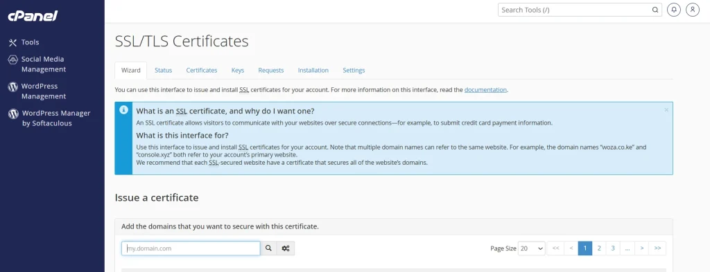 You can use this interface to issue and install SSL certificates for your account. For more information on this interface, read the documentation.