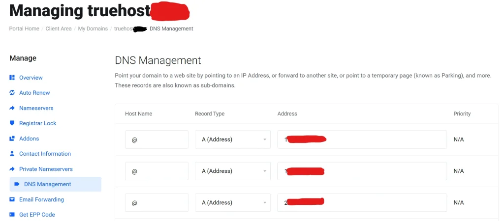DNS Management
Point your domain to a web site by pointing to an IP Address, or forward to another site, or point to a temporary page (known as Parking), and more. These records are also known as sub-domains.