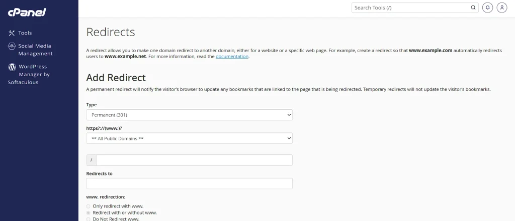 A redirect allows you to make one domain redirect to another domain, either for a website or a specific web page. For example, create a redirect so that www.example.com automatically redirects users to www.example.net. For more information, read the documentation.