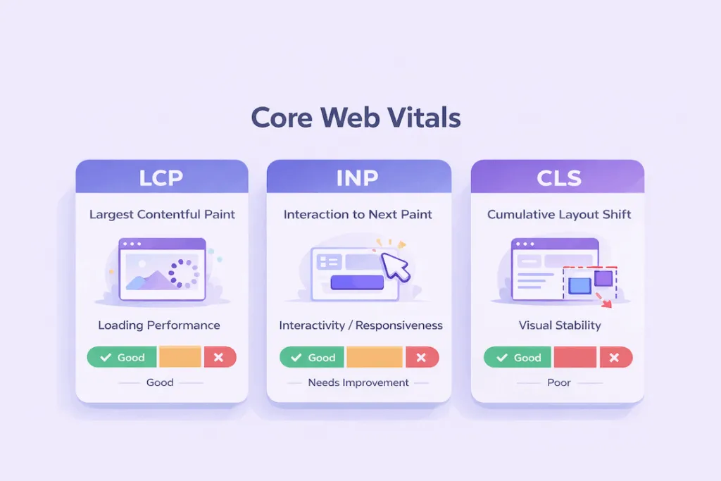 Largest Contentful Paint (LCP), Interaction to Next Paint (INP), and Cumulative Layout Shift (CLS).