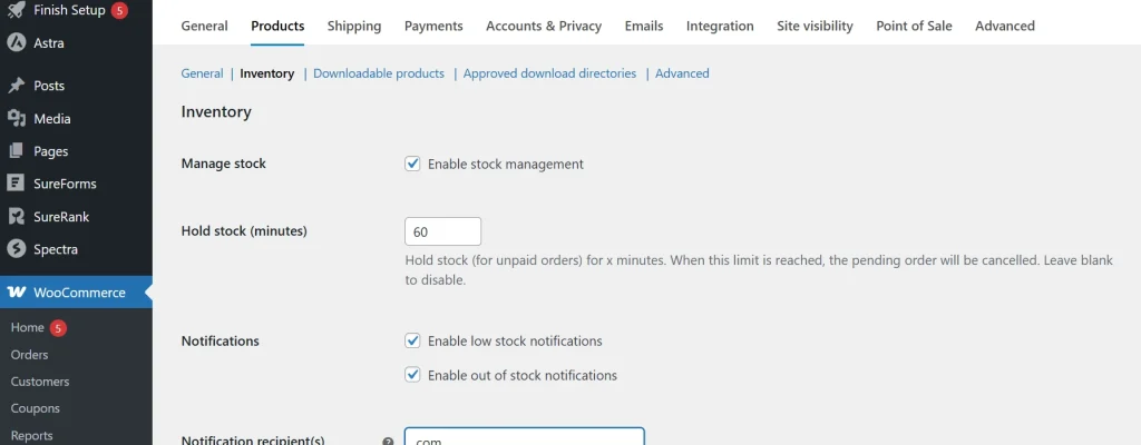 Inventory
Manage stock
Manage stock Enable stock management
Hold stock (minutes)