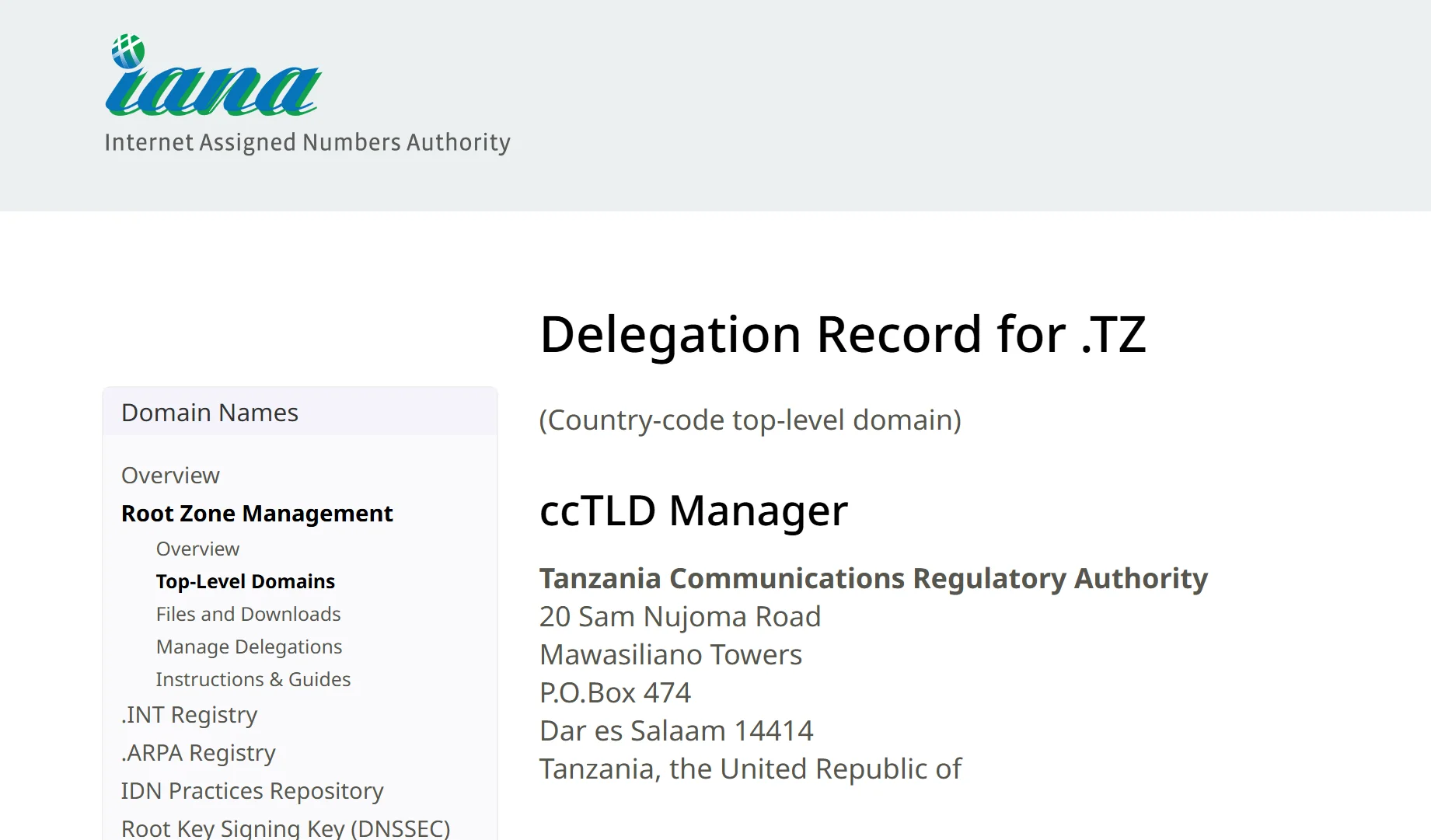 IANA Delegation Record for .TZ Delegation record for .TZ from IANA showing registrar details